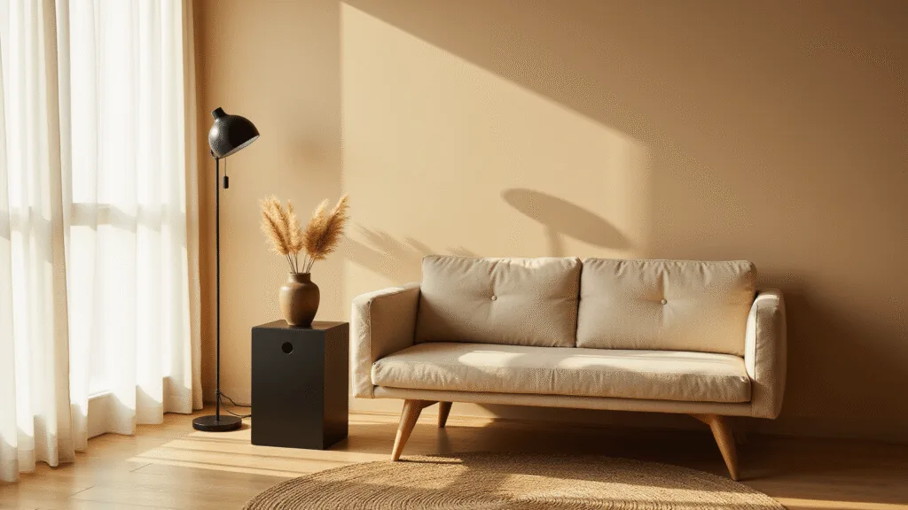 "Japandi-style living room with minimalist black floor lamp, oatmeal sofa, black side table with dried pampas grass, and jute rug, bathed in warm natural light."