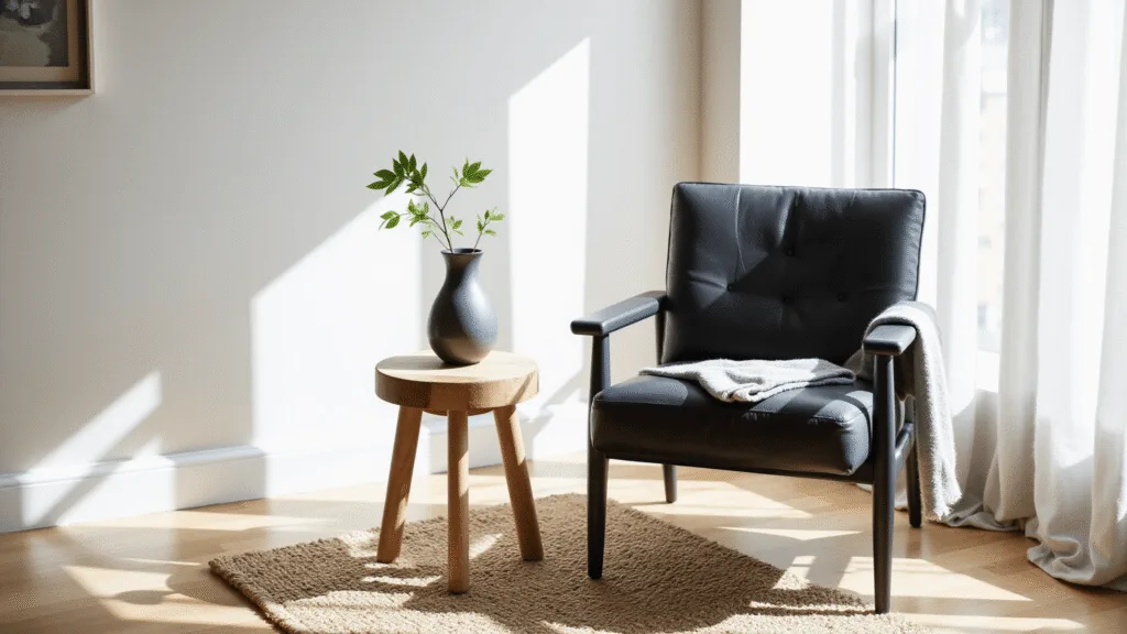 "Japandi styled sunlit corner with black leather chair, bleached oak table, jute rug, ceramic vase, and gray linen throw"