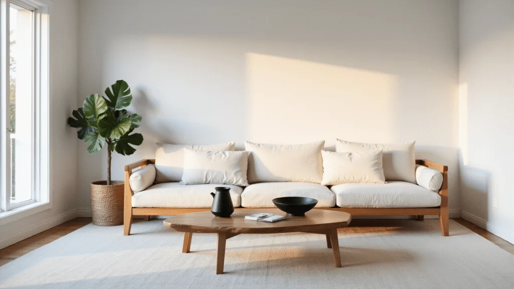 "Minimalist Japandi style living room with wooden furniture, black ceramics, fiddle leaf fig, and soft natural lighting"