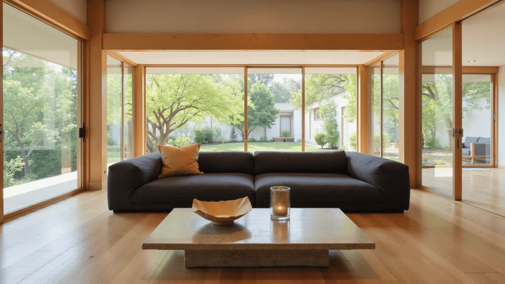 "Minimalist Japandi living room with oak furniture, gray sofa, natural textures, white walls, and potted plants in natural light"