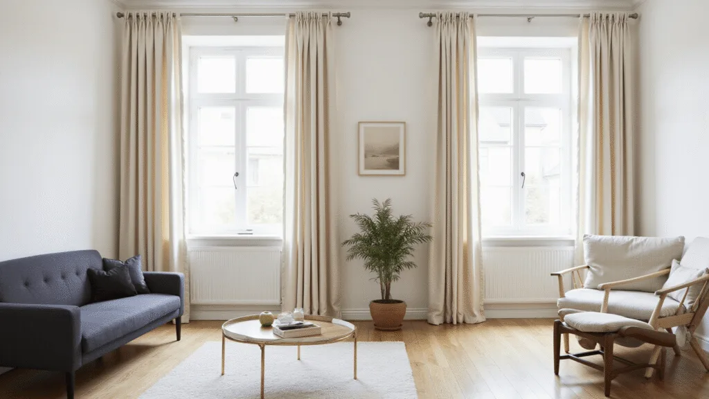 "Minimalist Japandi-styled living room with ecru linen curtains, natural oak flooring, charcoal sofa, and walnut furniture"