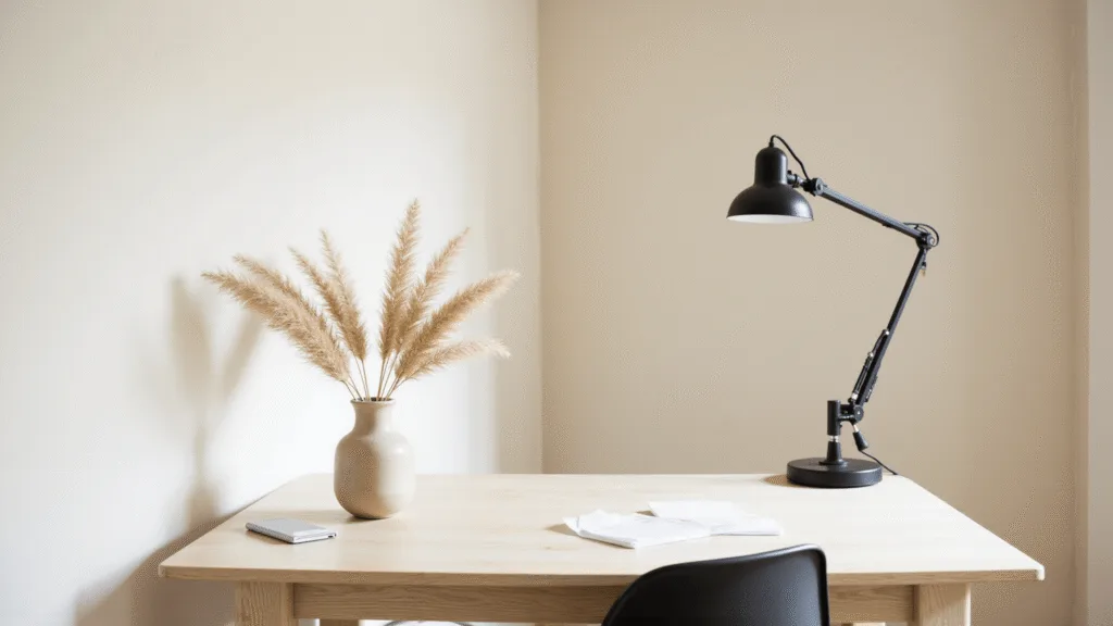 "Minimalist Japandi-style workspace featuring a white oak desk, black task lamp, and pampas grass in natural light against beige walls"