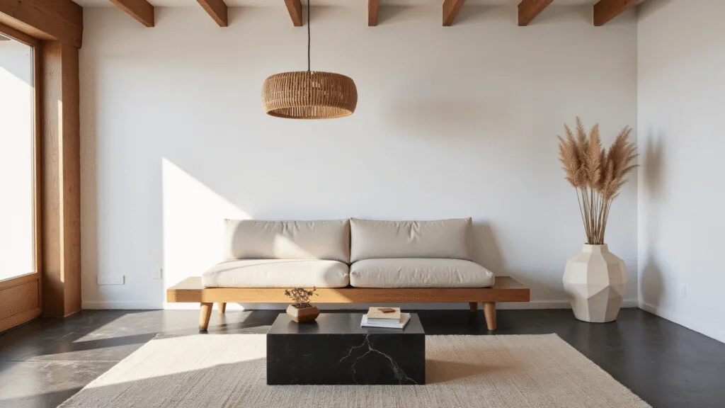 "Tranquil Japandi-style living room with oak sofa, bamboo lamp, black stone coffee table, and natural textures in soft morning light."
