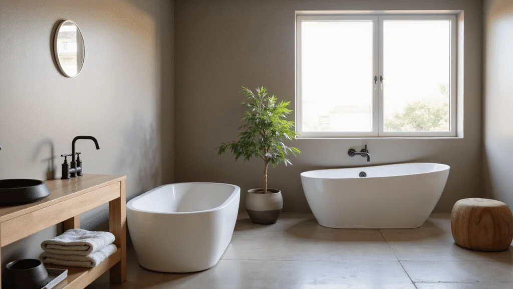 "Minimalist Japandi-style bathroom with stone floors, teak vanity, and a white soaking tub, highlighted by morning light through frosted windows."