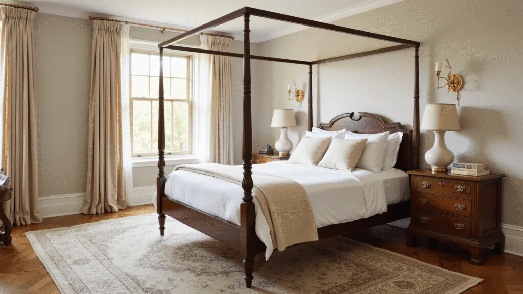 "Luxury master bedroom with mahogany four-poster bed, oak nightstands, and Georgian windows bathed in soft morning light"