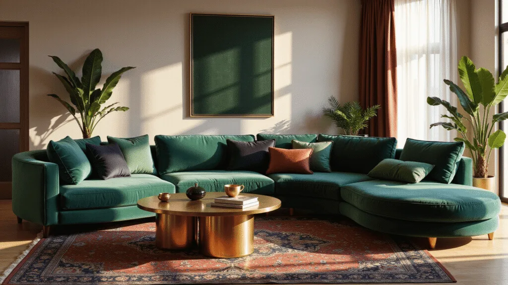 "Luxurious modern living room with emerald velvet sofa, brass accents, and Persian rugs"