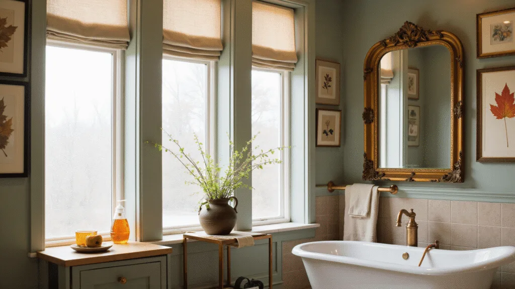 "Luxurious fall-themed bathroom with vintage botanical prints, gold-framed mirror, pressed leaves in glass frames, and warm amber lighting."