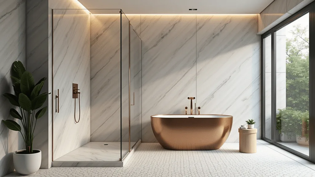 "Luxurious bathroom with copper soaking tub, Calacatta marble walls, hexagonal floor tiles, and monstera plant in soft morning light"