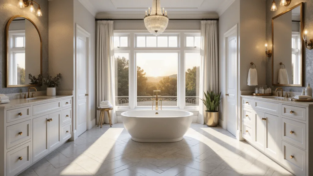 "Luxurious master bathroom with freestanding tub, marble herringbone floors, and brass fixtures in golden hour light"