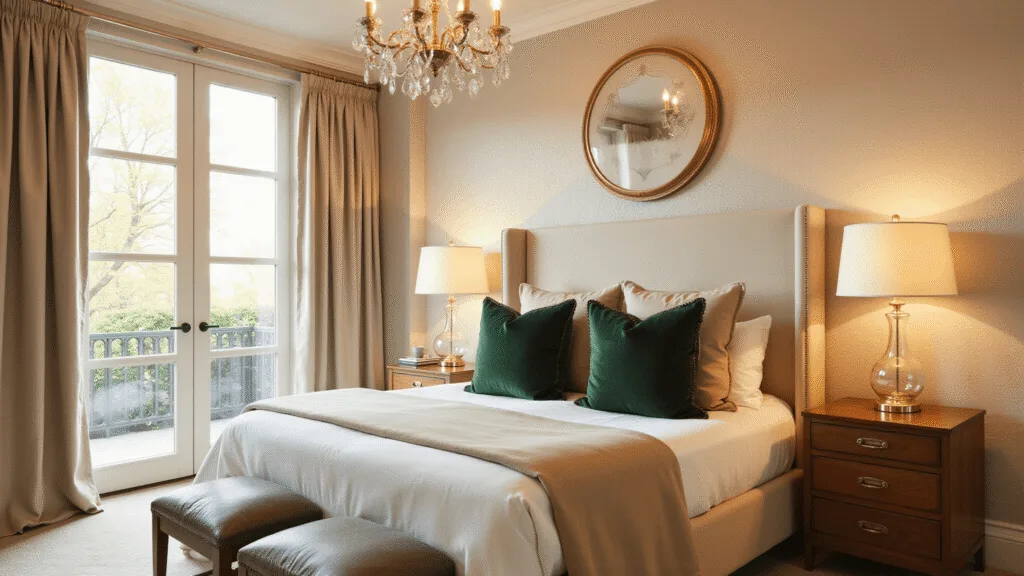 "Elegant master bedroom with cream velvet bed, crystal chandelier, and golden hour lighting"
