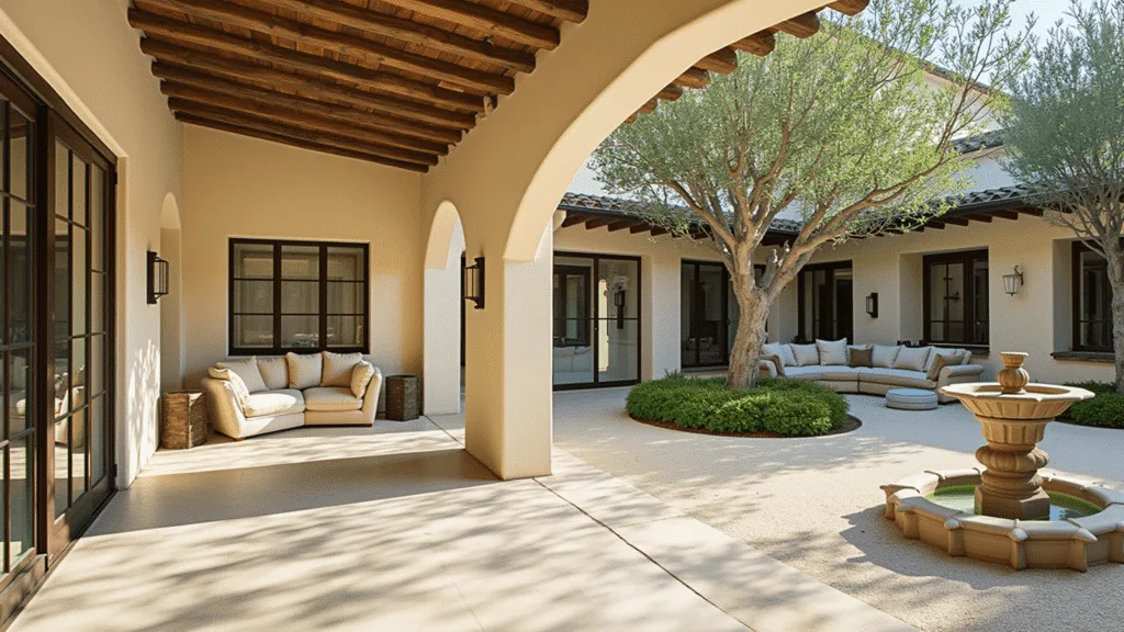 "Mediterranean courtyard house interior with glass walls, olive trees, stone fountain, linen sofas, wooden beams, and morning light casting shadows on stone floor"