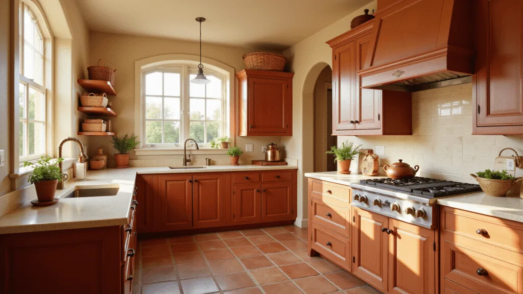 "Mediterranean-style kitchen with terracotta cabinets, cream marble countertops, and antique brass hardware bathed in golden hour sunlight"