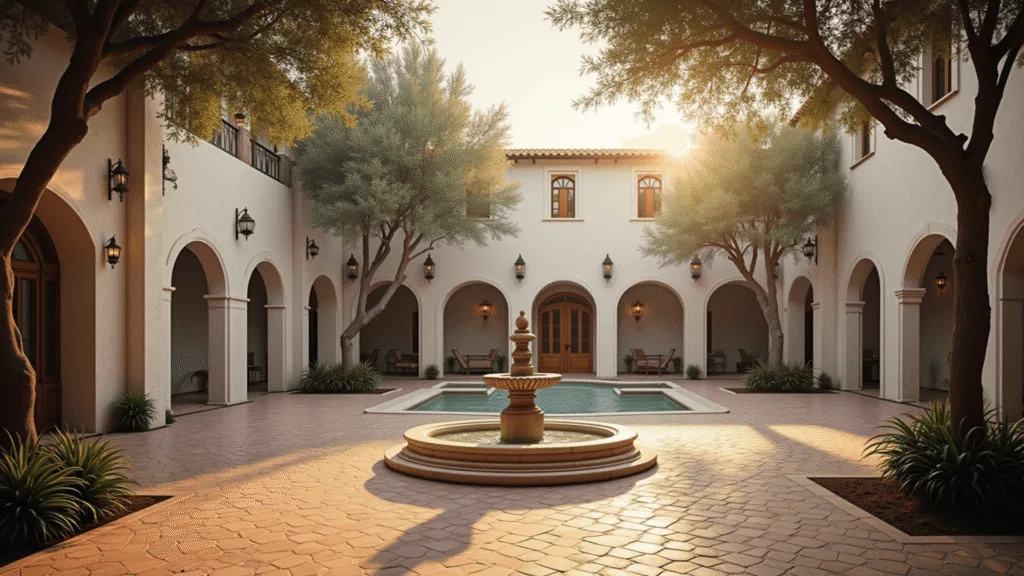 "Spanish revival architecture villa courtyard with whitewashed walls, terracotta tiles, wrought iron lanterns, arched colonnade, olive trees, and sunlit fountain in a romantic Mediterranean setting."