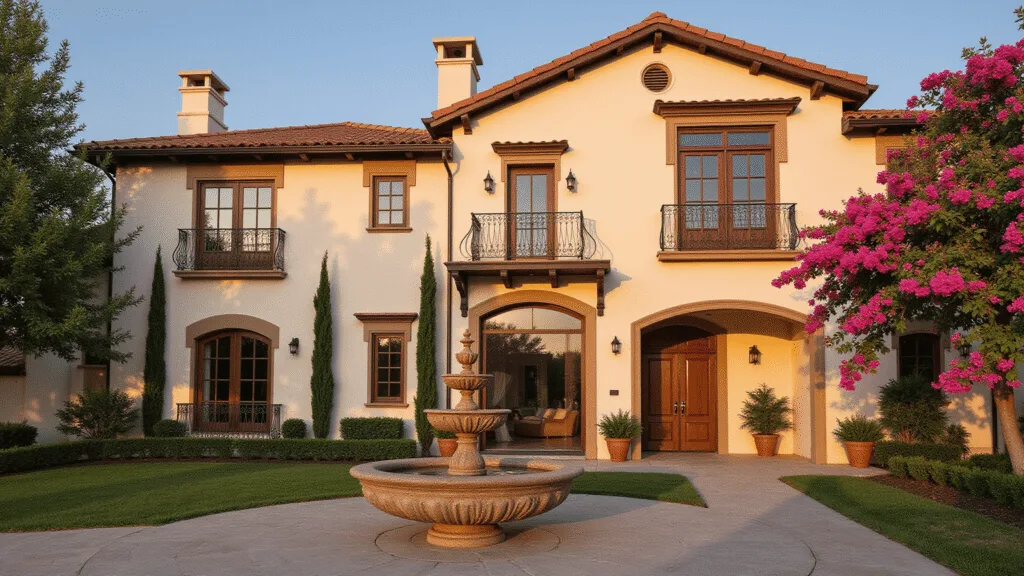 "Luxurious Mediterranean villa with cream stucco walls, terracotta roof, wrought iron balconies, arched windows, and a courtyard with a fountain, surrounded by blooming bougainvillea and cypress trees during golden hour."