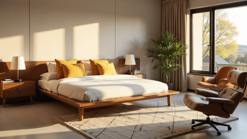 "Mid-century modern bedroom with walnut platform bed, mustard accents, floating nightstands, Noguchi table lamps, and a leather Eames lounge chair in warm golden hour light"