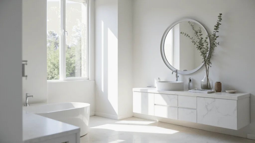 "Minimalist bathroom with morning light, white marble, and eucalyptus details"