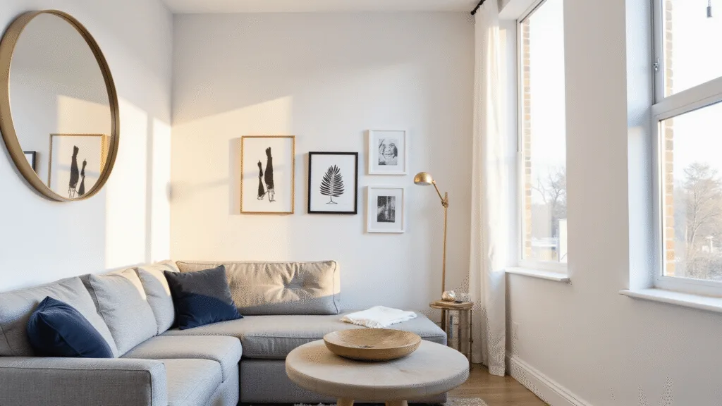 "Minimalist living room with white walls, grey sectional sofa, black and white wall decor, large mirror and large windows during golden hour"