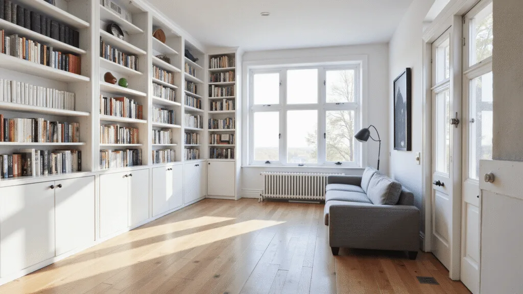 "Modern home library with white shelves, books arranged in ombre style, gray sofa and large window allowing natural light"