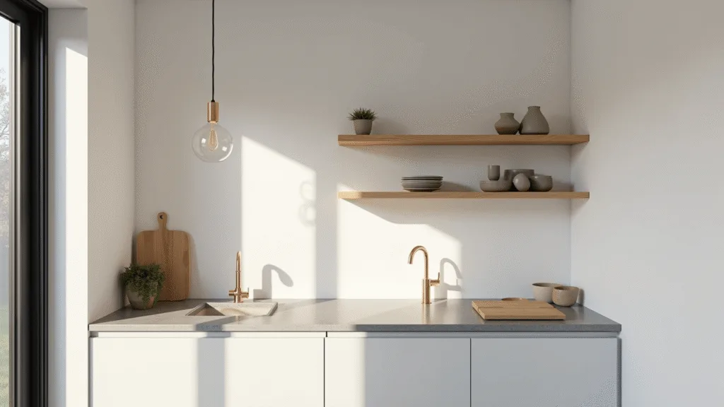 "Minimalist tiny apartment kitchen with white cabinets, quartz countertops, oak shelving, bamboo prep station, and copper accents in morning light"