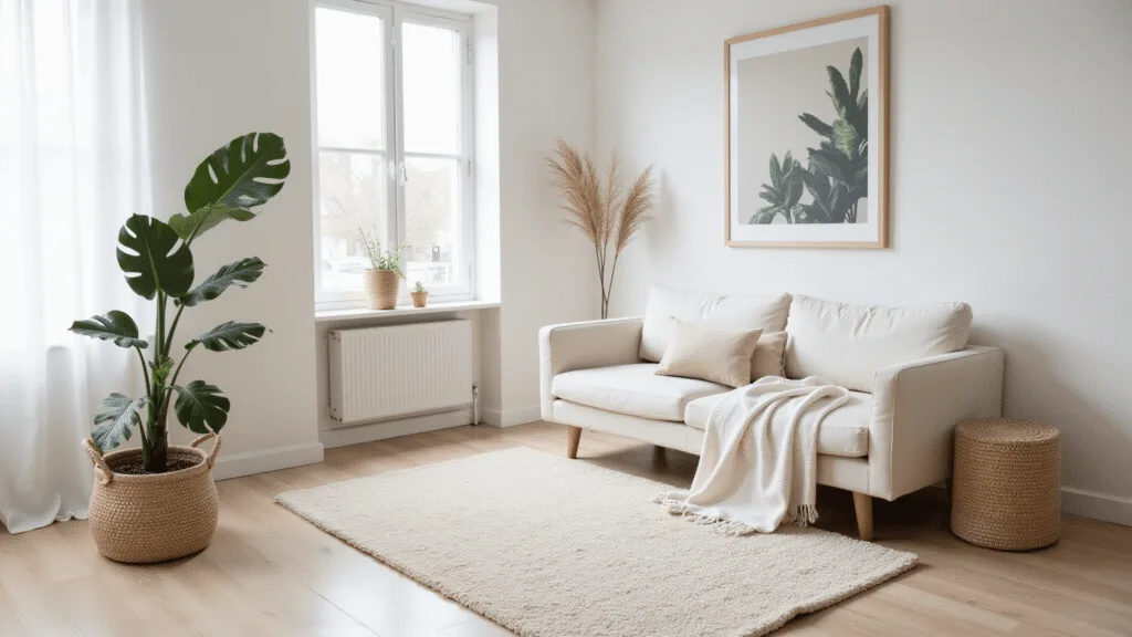 "Minimalist zen living room with clean white walls, ivory sofa, fiddle leaf fig plant, and nature photograph in soft morning light"