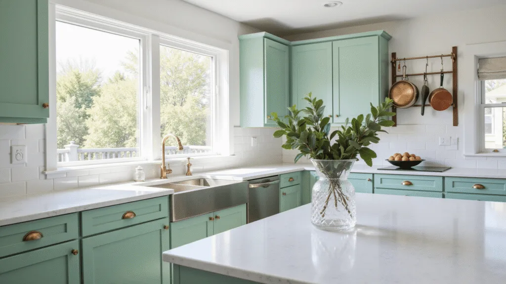 "Mint green modern kitchen with white marble countertops, brass cabinet handles, and sunlit interior featuring a vase with fresh eucalyptus on the island"