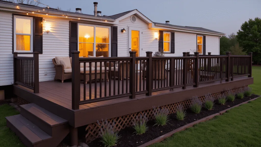 "Elevated mobile home deck with rattan furniture, potted plants, and string lights at twilight"