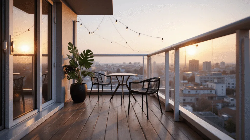 "Urban balcony oasis with modern minimal decor, featuring gray bistro set and flourishing monstera plant, illuminated by warm string lights and evening sunset glow with cityscape backdrop"