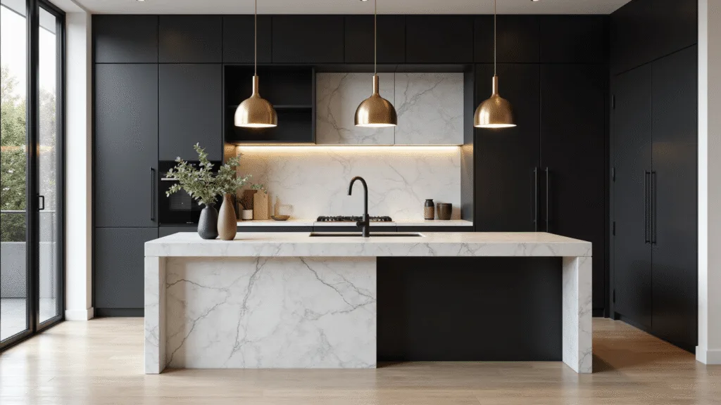 "Modern black and white kitchen interior with marble island, brass accents, and morning sunlight"