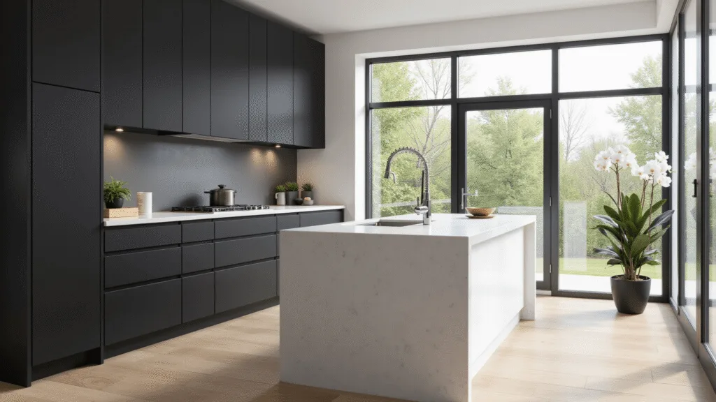 "Modern kitchen with matte black cabinets, white quartz waterfall island, oak flooring, and bright morning light"