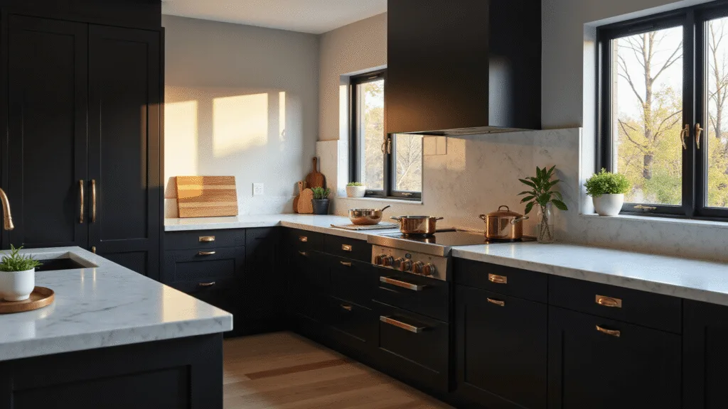 "Modern luxurious kitchen with matte black cabinets, white marble countertops, and copper cookware in golden hour sunlight"