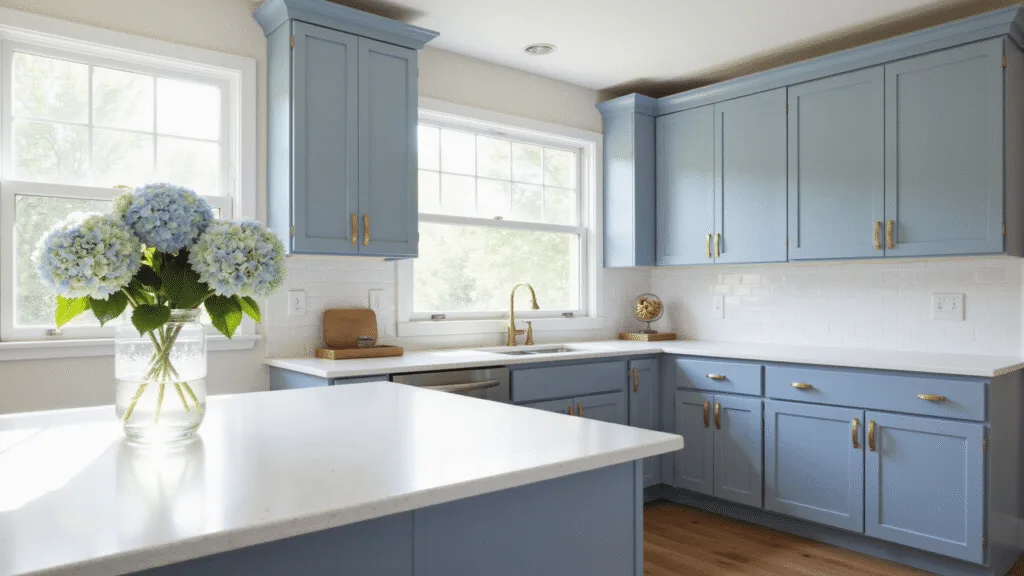 "Modern blue-grey kitchen with quartz countertops, brass hardware, and vase of hydrangeas in morning sunlight"