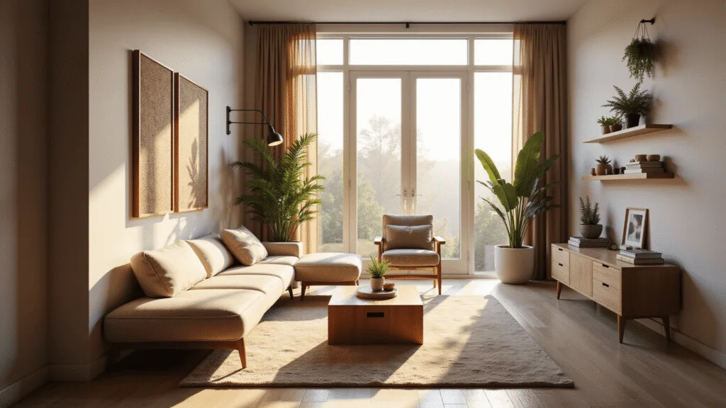 "Modern bonus room with natural light from large windows, multifunctional furniture, warm textiles, plants, and elegant lighting in a bright and airy setting"