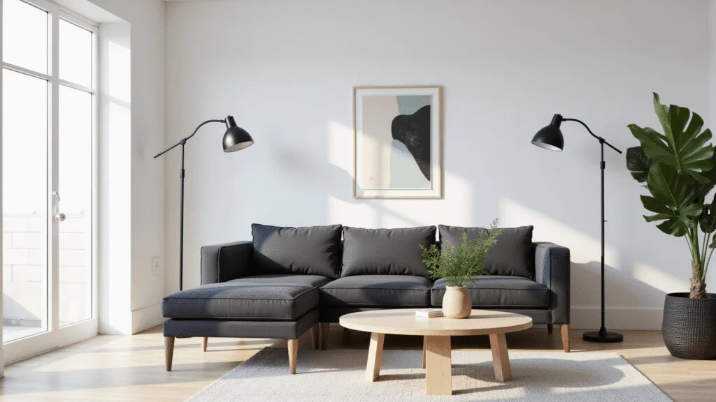 "Spacious minimalist living room with charcoal sectional, blond wood coffee table, and fiddle leaf fig plant under natural lighting"