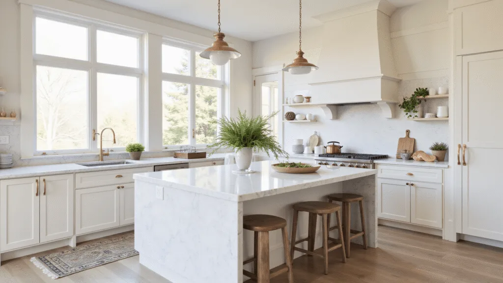 "Modern kitchen with cream cabinets, marble island, brass lights, and copper cookware in natural sunlight"