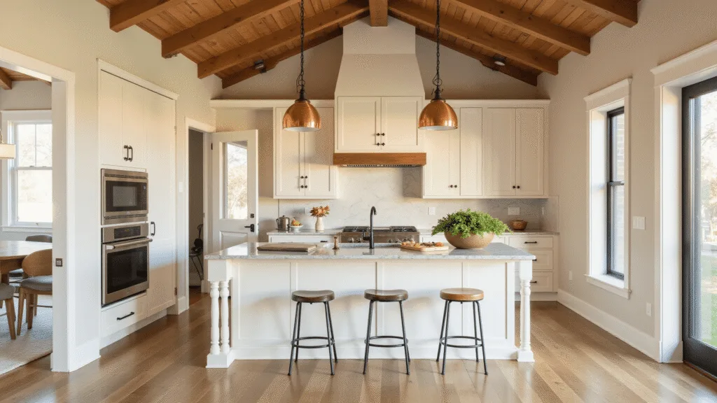 "Sunlit modern farmhouse kitchen with white cabinets, marble island, copper pendant lights, and rustic decor during golden hour"