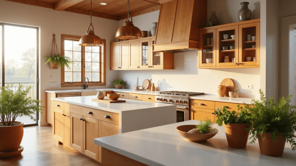 "Sunlit modern farmhouse kitchen with honey oak cabinets, white quartz countertops, copper pendant lights, and decorative ceramics with herbs"
