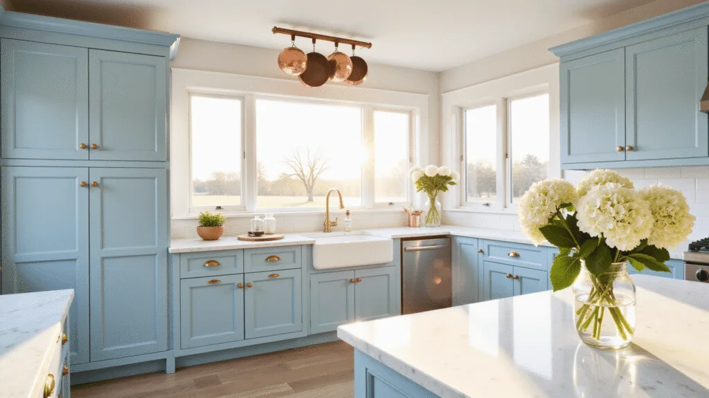 "Modern farmhouse kitchen with powder blue cabinets, marble countertops, and sunlight illuminating fresh hydrangeas on island"