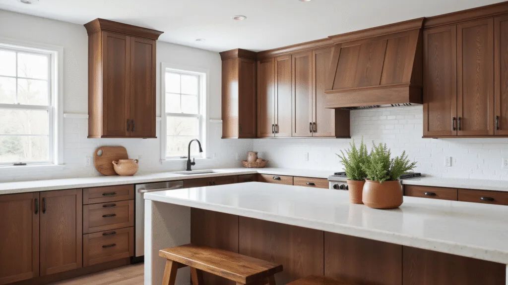 "Modern farmhouse kitchen with walnut cabinets, limestone island, artisanal ceramics and fresh sage plants in morning light"