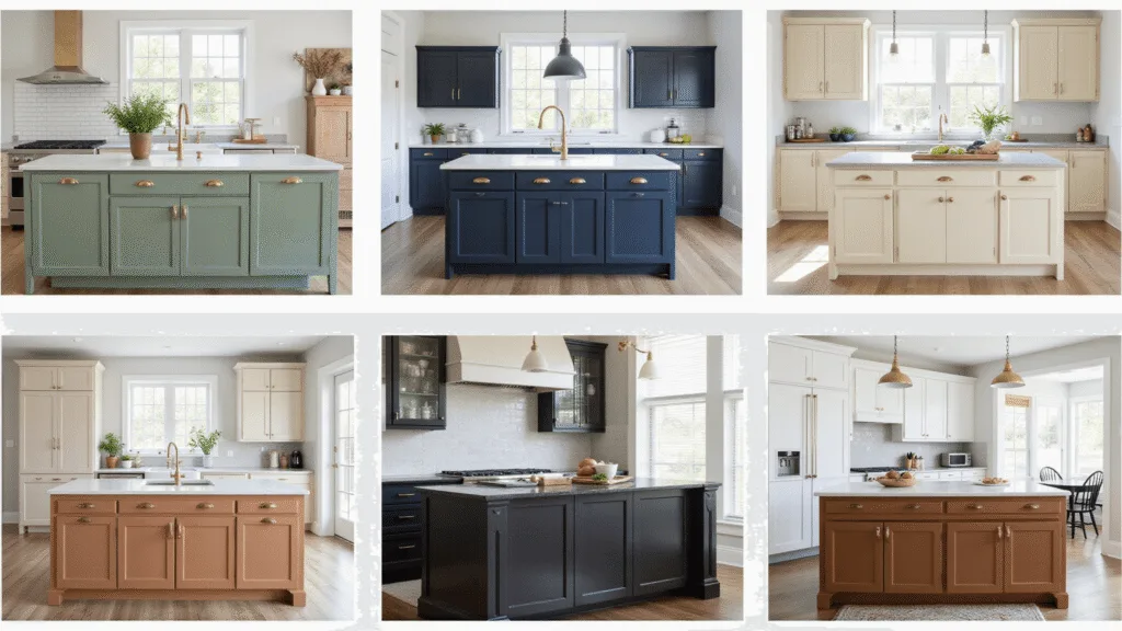 "2025's trending kitchen cabinet colors displayed in five unique kitchen spaces"