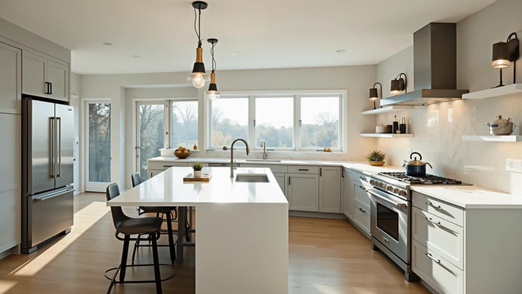 "Bright, minimalist kitchen with white quartz island, chrome appliances, dove gray cabinets, and multi-layered lighting"