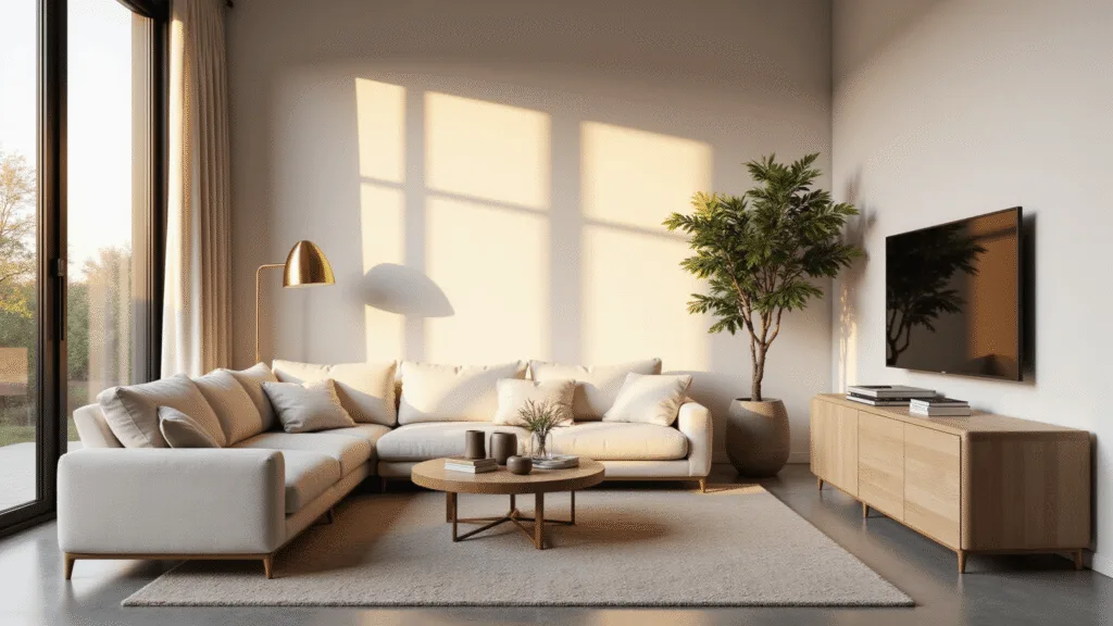 "Modern minimalist living room with golden hour illumination, featuring ivory sofa, brass floor lamp, oak media console, and tasteful decor."
