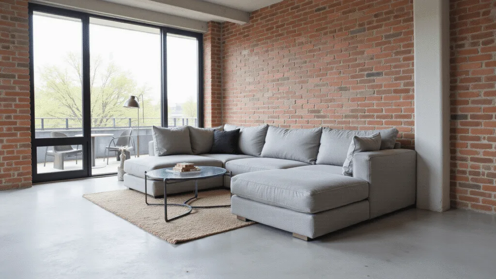 "Modern urban living room with a gray sectional sofa, glass coffee table, exposed brick wall and floor-to-ceiling windows allowing natural sunlight in, decorated in a minimalist style"