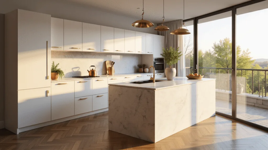 "Modern luxury kitchen with white marble island, brass hardware and herringbone wood floors bathed in golden hour light"