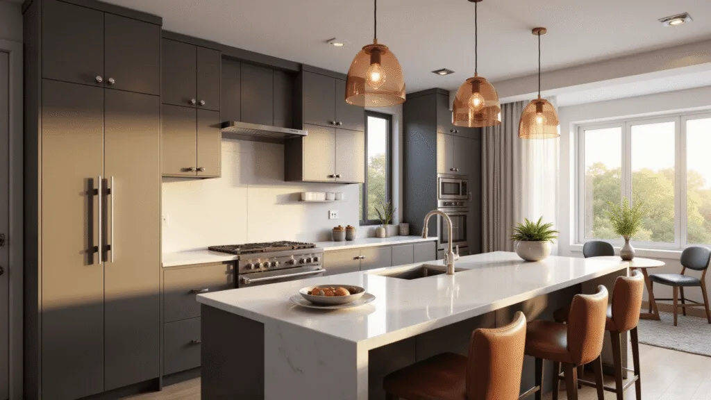 "Modern luxury kitchen with dark taupe cabinets, white quartz countertops, and copper pendant lights in the golden hour sunlight"
