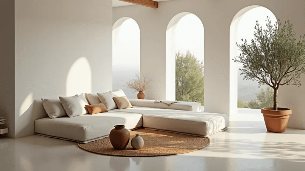 "Bright Mediterranean living room with arched windows, limestone flooring, large clay amphora, potted olive tree, and ivory linen sectional sofa"
