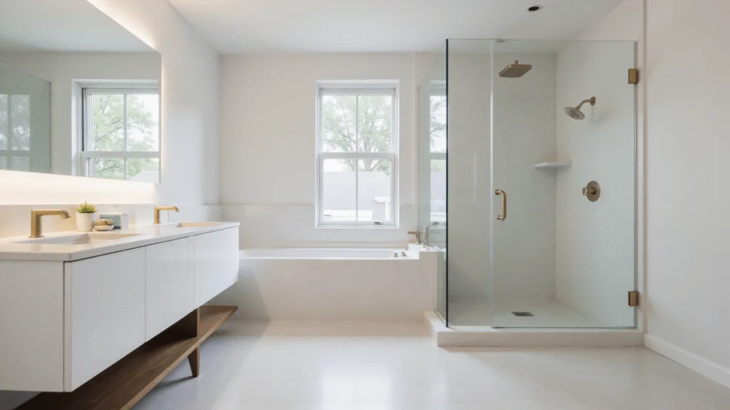 "Modern minimalist bathroom with white floating vanity, frameless glass shower, and large porcelain tiles in natural light"