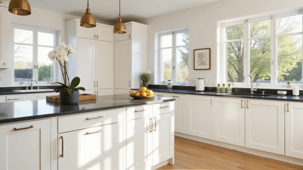 "Modern minimalist kitchen with white cabinets, black marble countertops, brass pendant lights, and a white orchid in morning light."