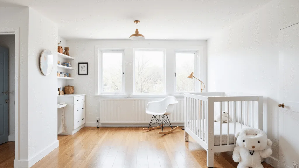 "Modern minimalist nursery with white crib, light oak hardwood floors, Eames-style rocking chair, built-in white shelving and floor-to-ceiling windows in morning light"