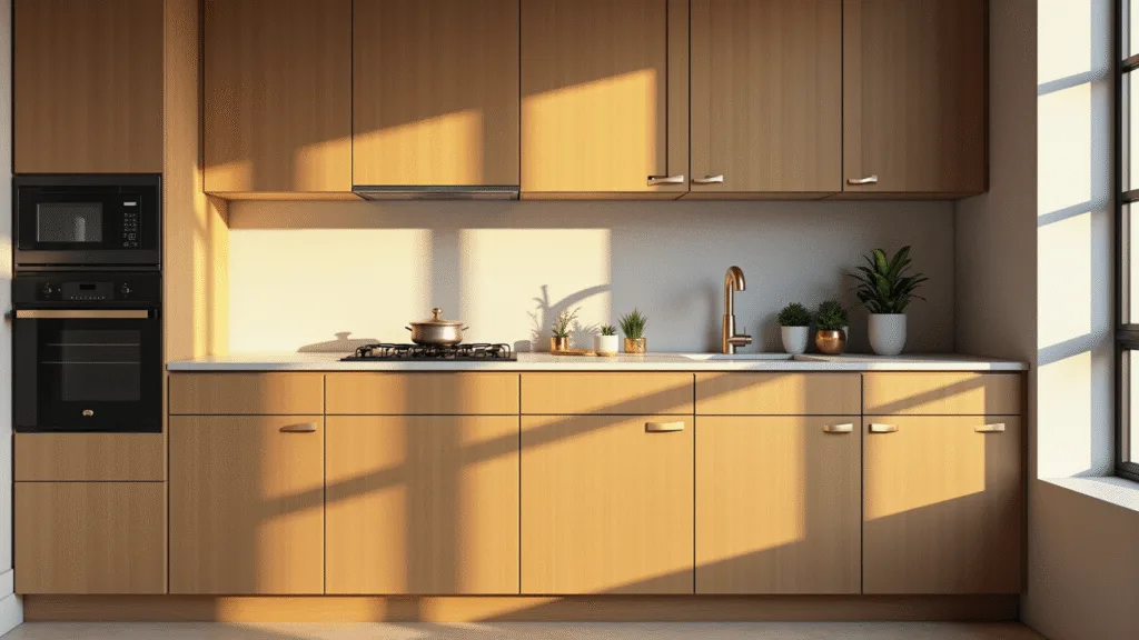 "Modern kitchen with natural oak cabinets and quartzite countertops bathed in golden hour sunlight"