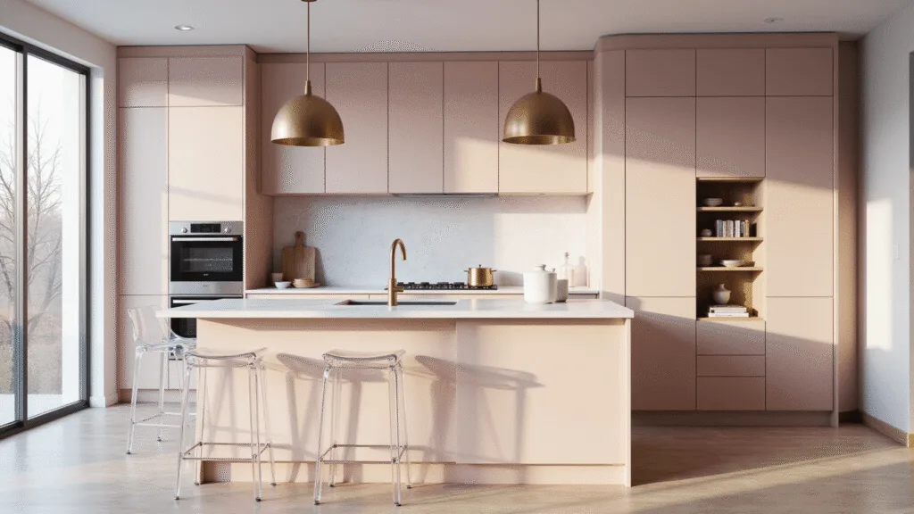 "Modern, sunlit kitchen with blush pink cabinets, white quartz countertops, and Scandinavian decor"